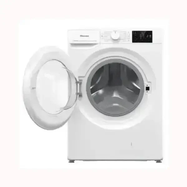Lavatrice HISENSE bianca con porta anteriore aperta e pannello di controllo digitale