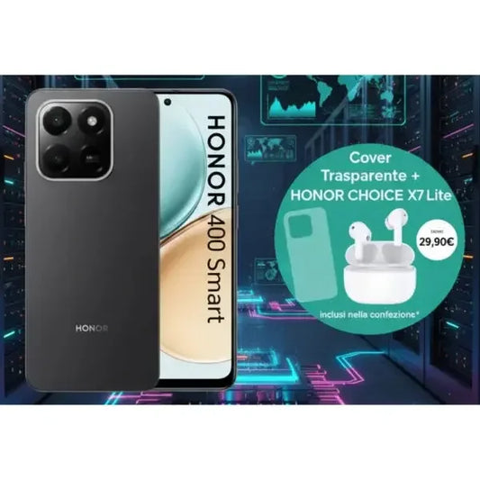 Smartphone Honor 400 con design elegante, in confezione con cover trasparente e auricolari HONOR CHOICE X7 Lite