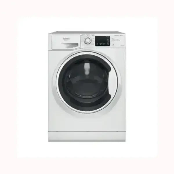 Lavasciuga HOTPOINT bianca con oblò nero e pannello di controllo digitale moderno