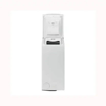 Lavatrice Hotpoint a carica dall'alto bianca con coperchio aperto e design compatto