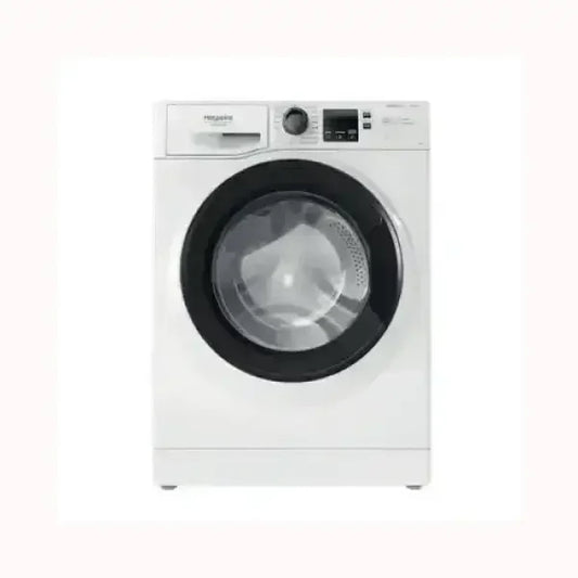 Lavatrice HOTPOINT frontale bianca con oblò nero e pannello digitale di controllo