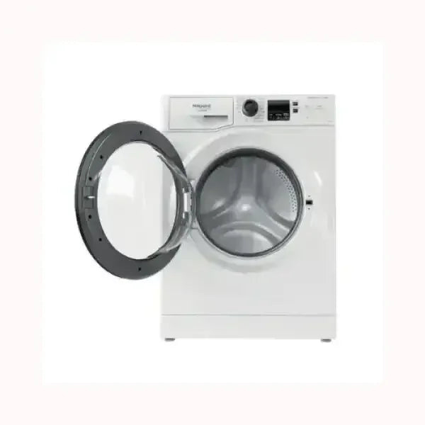 Lavatrice HOTPOINT bianca a carica frontale con porta aperta e pannello di controllo digitale