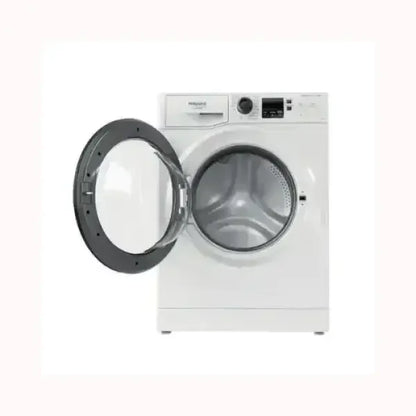 Lavatrice HOTPOINT bianca a carica frontale con porta aperta e pannello di controllo digitale