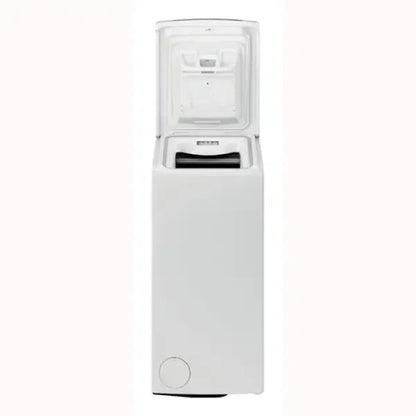 Lavatrice Hotpoint a carica dall'alto bianca con sportello aperto per il bucato