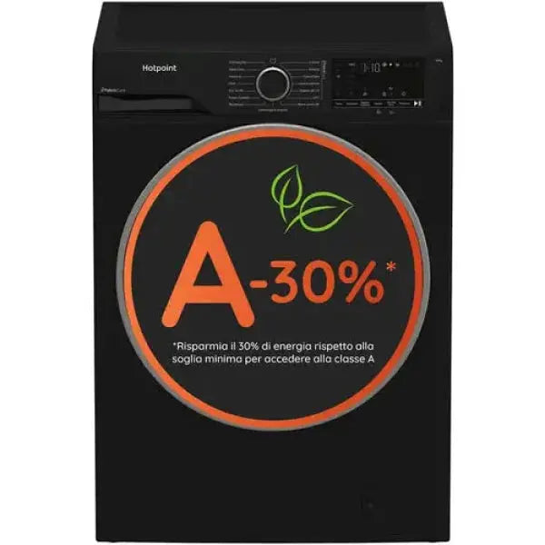 Lavatrice Hotpoint a carica frontale con classe energetica A-30% e design nero elegante