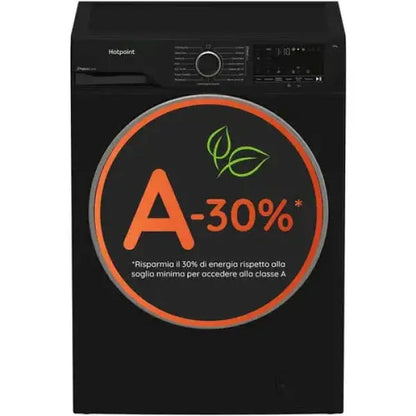 Lavatrice Hotpoint a carica frontale con classe energetica A-30% e design nero elegante