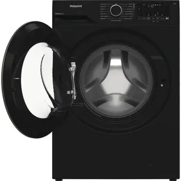 Lavatrici HOTPOINT a carica frontale nera con oblò aperto e design moderno