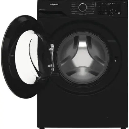 Lavatrici HOTPOINT a carica frontale nera con oblò aperto e design moderno