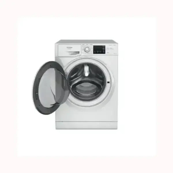 Lavasciuga HOTPOINT bianca con oblò aperto e pannello di controllo digitale moderno