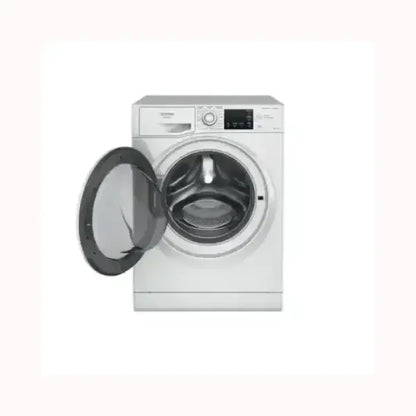 Lavasciuga HOTPOINT bianca con oblò aperto e pannello di controllo digitale moderno