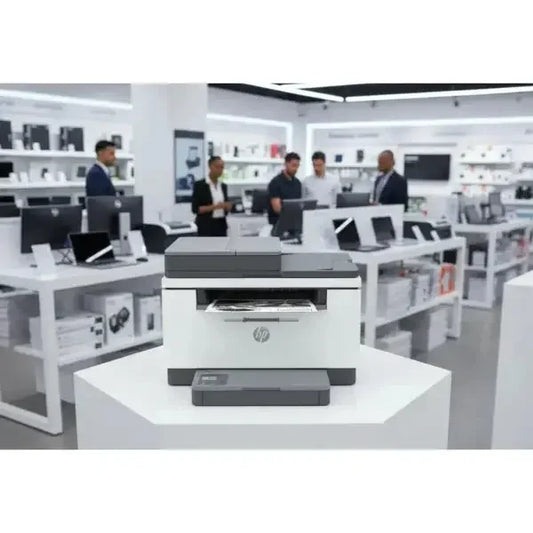 Stampante HP Multifunzione in un negozio con display di elettronica moderna sullo sfondo