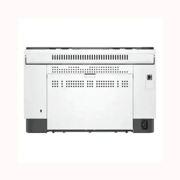 Stampante HP MULTIFUNZIONE bianca vista posteriore con porte di connessione e ventole di raffreddamento