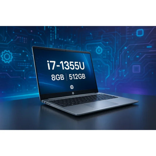 HP NB i7-1355U 8GB 512GB 15.6" FHD W11 Home 9B9R7EA +GAR3Y art.6790 con sfondo elettronico e tecnologico