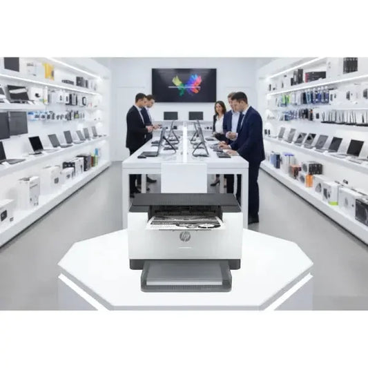 Stampante HP posizionata in un negozio di elettronica con clienti e personale in background