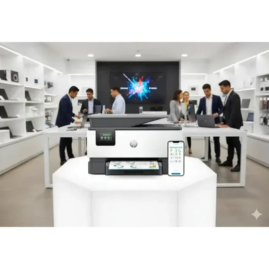 Stampante HP multifunzione in un ambiente moderno con persone che lavorano in ufficio