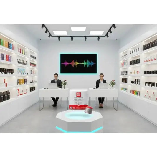 Negozio Illy con espositori di capsule e due assistenti alle vendite nel banco accoglienza