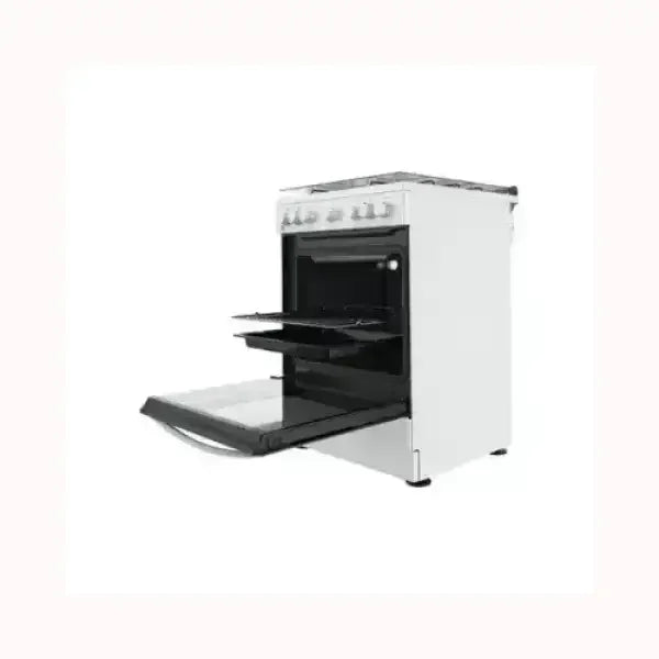Cucina INDESIT bianca con forno aperto e piano cottura a gas con manopole