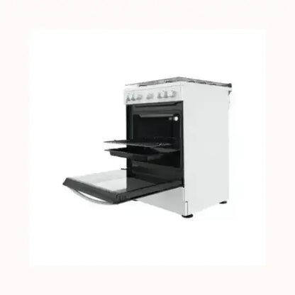 Cucina INDESIT bianca con forno aperto e piano cottura a gas con manopole