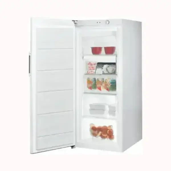 Congelatore verticale bianco INDESIT con porte aperte e scomparti interni visibili