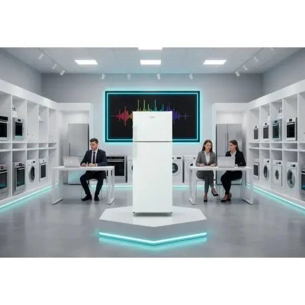 Frigorifero INDESIT bianco esposto in un negozio moderno con elettrodomestici