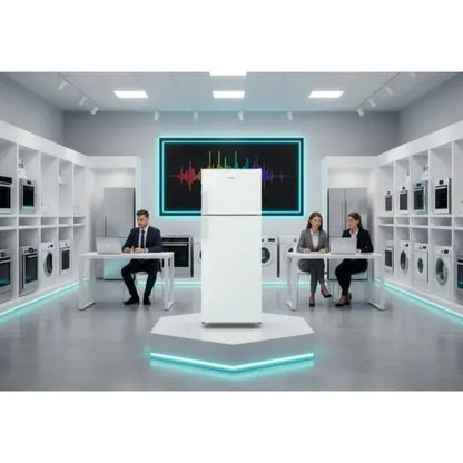 Frigorifero INDESIT bianco esposto in un negozio moderno con elettrodomestici