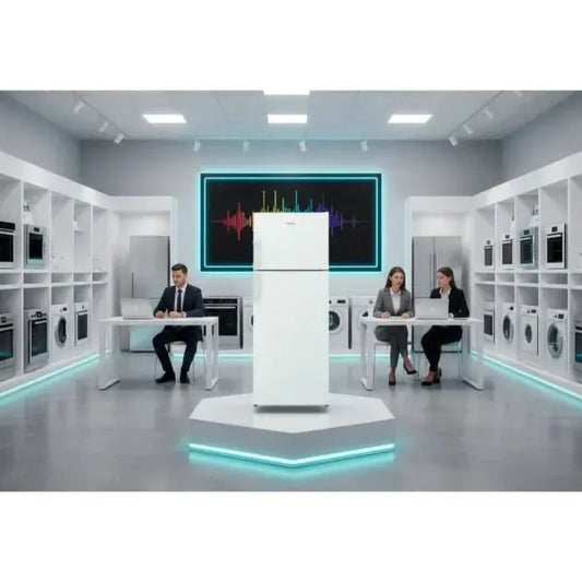 Frigorifero INDESIT bianco esposto in un negozio moderno con elettrodomestici