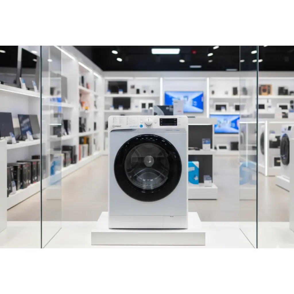 Lavasciuga INDESIT elegante con design bianco, in esposizione in un negozio hi-tech