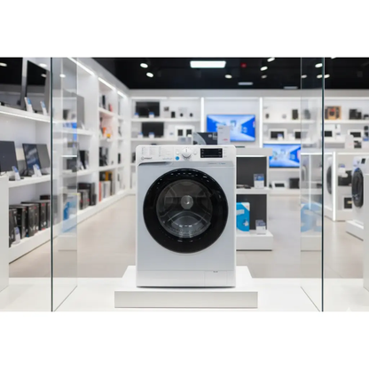 Lavasciuga INDESIT elegante con design bianco, in esposizione in un negozio hi-tech