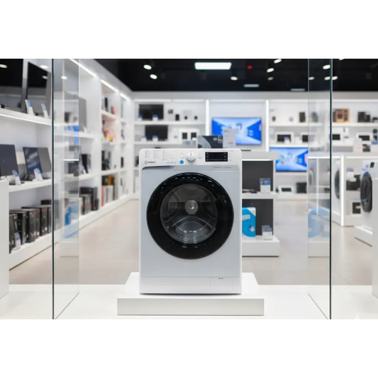 Lavasciuga INDESIT elegante con design bianco, in esposizione in un negozio hi-tech