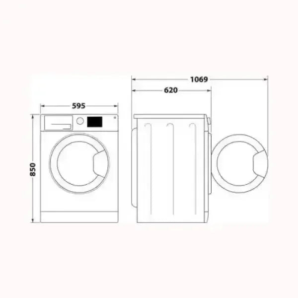 Disegno tecnico lavatrice INDESIT con misure larghezza 595 mm altezza 850 mm profondità 620 mm