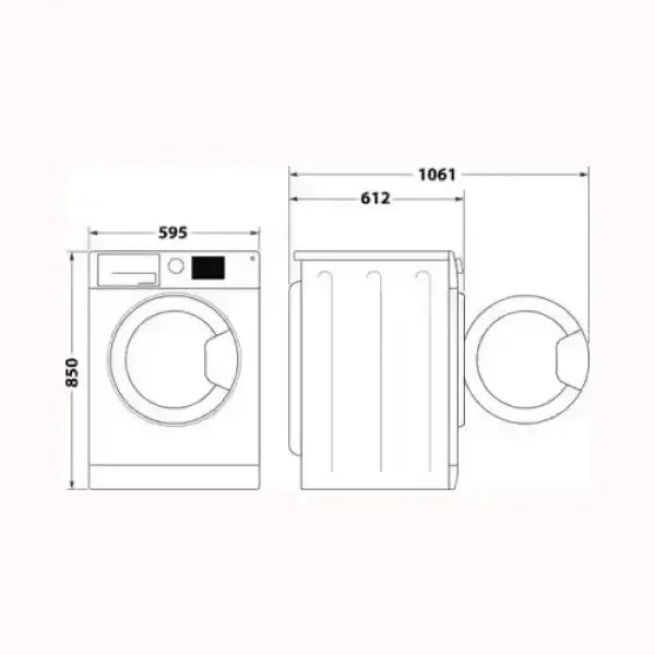 Schema tecnico lavatrice INDESIT con misure 850x595x612 mm e apertura porta frontale