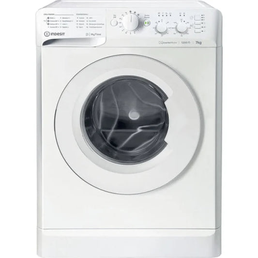 Lavatrice Indesit bianca con capacità 7 kg e selettore programmi frontale