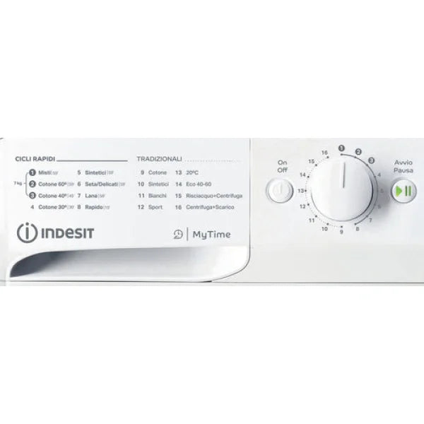 Lavatrici Indesit bianca con pannello di controllo MyTime e selettore programmi cicli rapidi e tradizionali