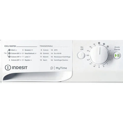 Lavatrici Indesit bianca con pannello di controllo MyTime e selettore programmi cicli rapidi e tradizionali
