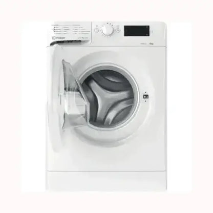 Lavatrice INDESIT frontale bianca con carica da 6 kg e porta trasparente aperta
