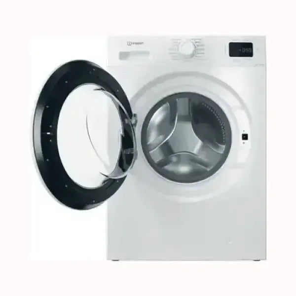 Lavatrice INDESIT bianca con sportello aperto e display digitale visibile