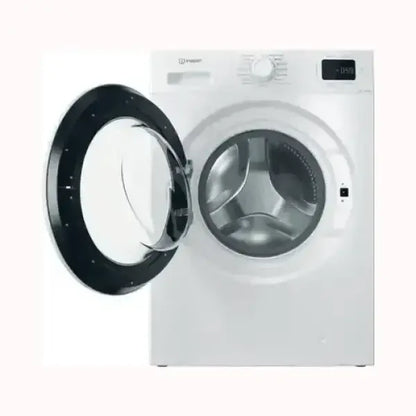 Lavatrice INDESIT bianca con sportello aperto e display digitale visibile