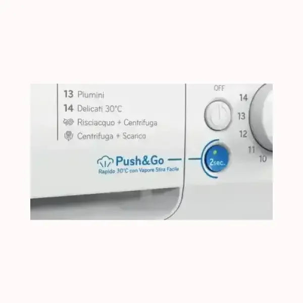 Pannello di controllo lavatrice INDESIT con opzioni Piumini, Delicati e ciclo Push&Go rapido