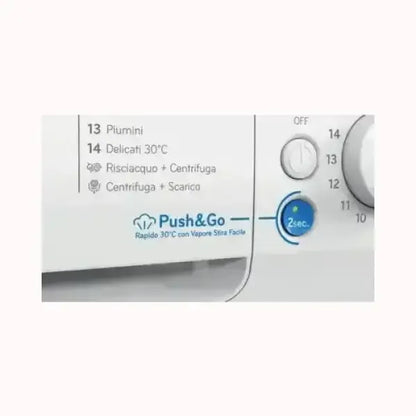 Pannello di controllo lavatrice INDESIT con opzioni Piumini, Delicati e ciclo Push&Go rapido