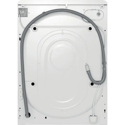 Retro lavatrice Indesit con tubo di scarico e cavo di alimentazione visibili
