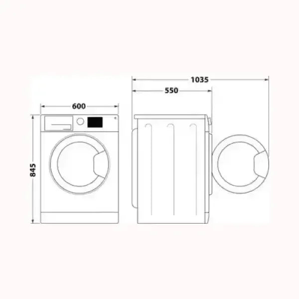 Schema tecnico lavatrice INDESIT con dimensioni altezza 845 mm larghezza 600 mm profondità 550 mm e porta aperta