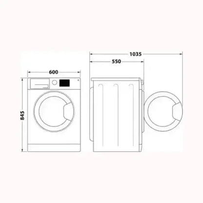 Schema tecnico lavatrice INDESIT con dimensioni altezza 845 mm larghezza 600 mm profondità 550 mm e porta aperta