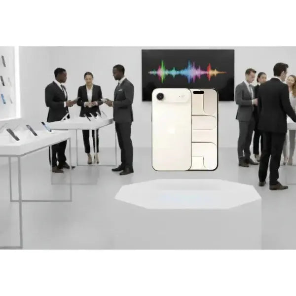 Apple iPhone Air in bianco mostrato in un'esposizione tecnologica con altri smartphone