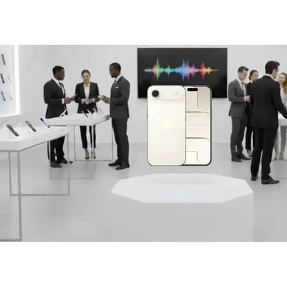 Apple iPhone Air in bianco mostrato in un'esposizione tecnologica con altri smartphone