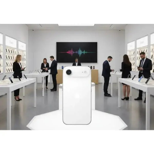 iPhone Air bianco in primo piano in negozio Apple con clienti che esplorano diversi smartphone
