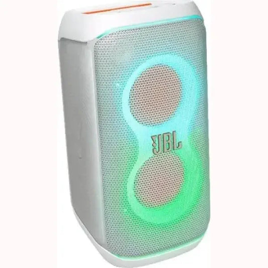 Altoparlante portatile audio JBL con luci LED colorate e design compatto bianco