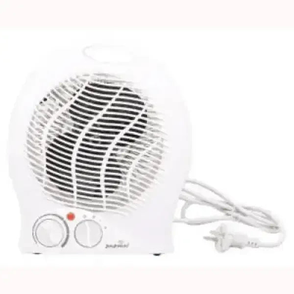 Piccolo riscaldatore elettrico bianco Joytech con due manopole di controllo e presa elettrica
