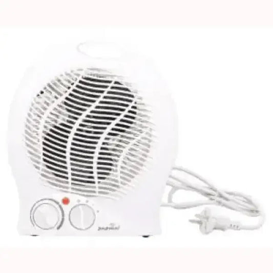 Piccolo riscaldatore elettrico bianco Joytech con due manopole di controllo e presa elettrica