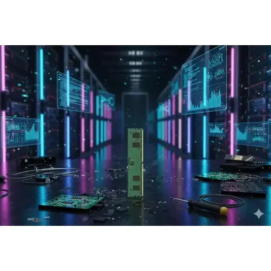 KINGSTON DDR5 RAM in un ambiente tecnologico con circuiti e strumenti di lavoro