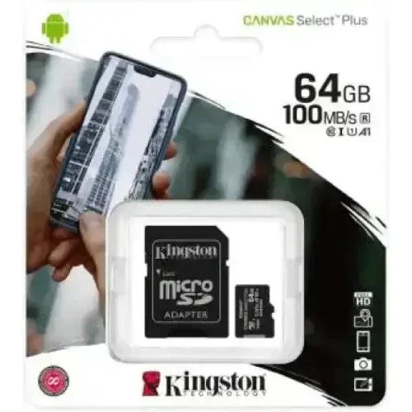 Kingston microSD 64GB Canvas Select Plus con adattatore in confezione 100MBps per smartphone e fotocamere